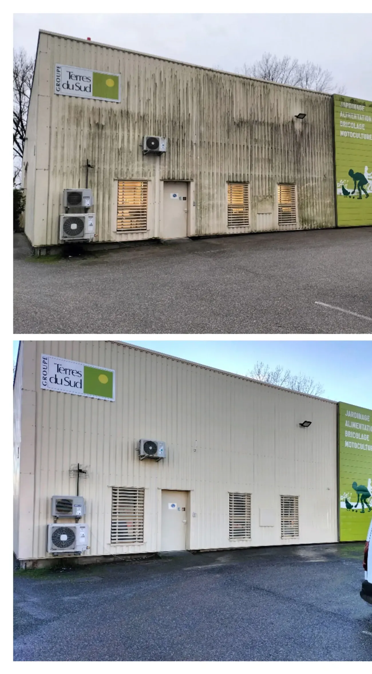 Magasin Terres du Sud avant / après nettoyage de bardage