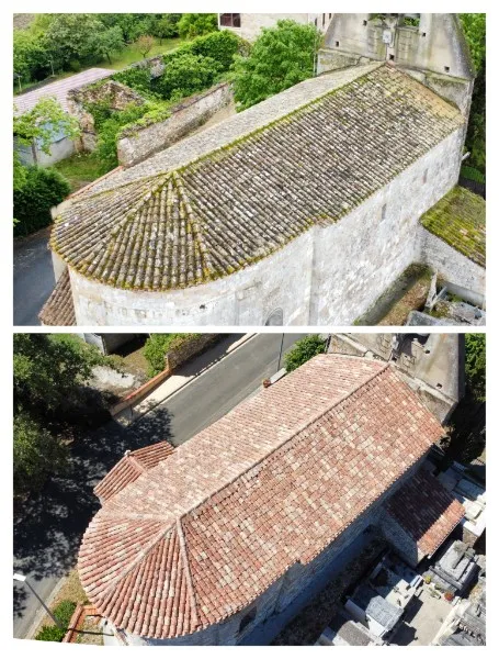 Chevet d'église avant / après démoussage de toiture, vue drone