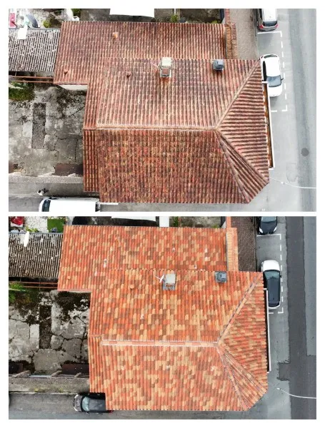 Toiture d'immeuble en ville avant / après démoussage, vue drone