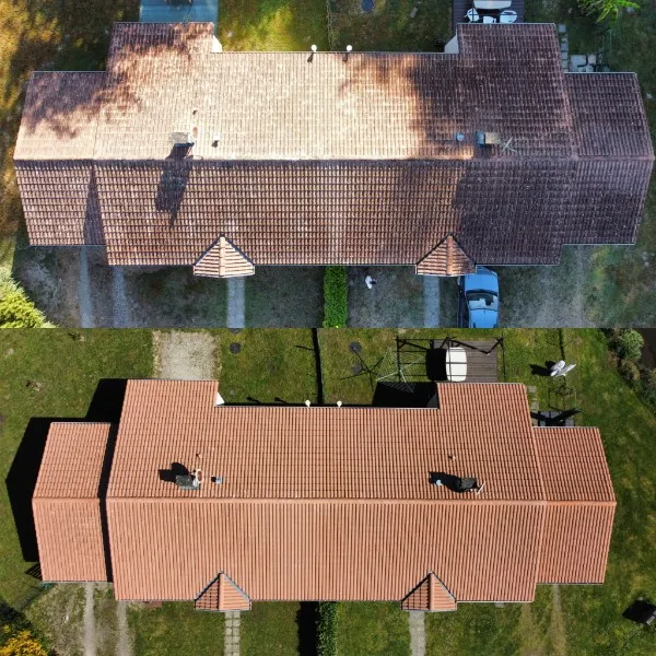 Toiture de longère avant / après démoussage, vue drone