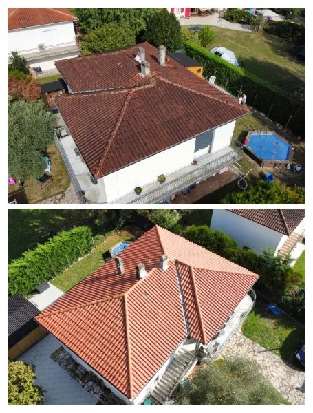 Toiture de maison avec piscine avant / après démoussage, vue drone