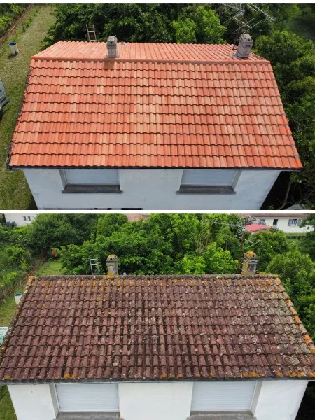 Toiture de maison avant / après nettoyage vapeur, les tuiles retrouvent leur couleur