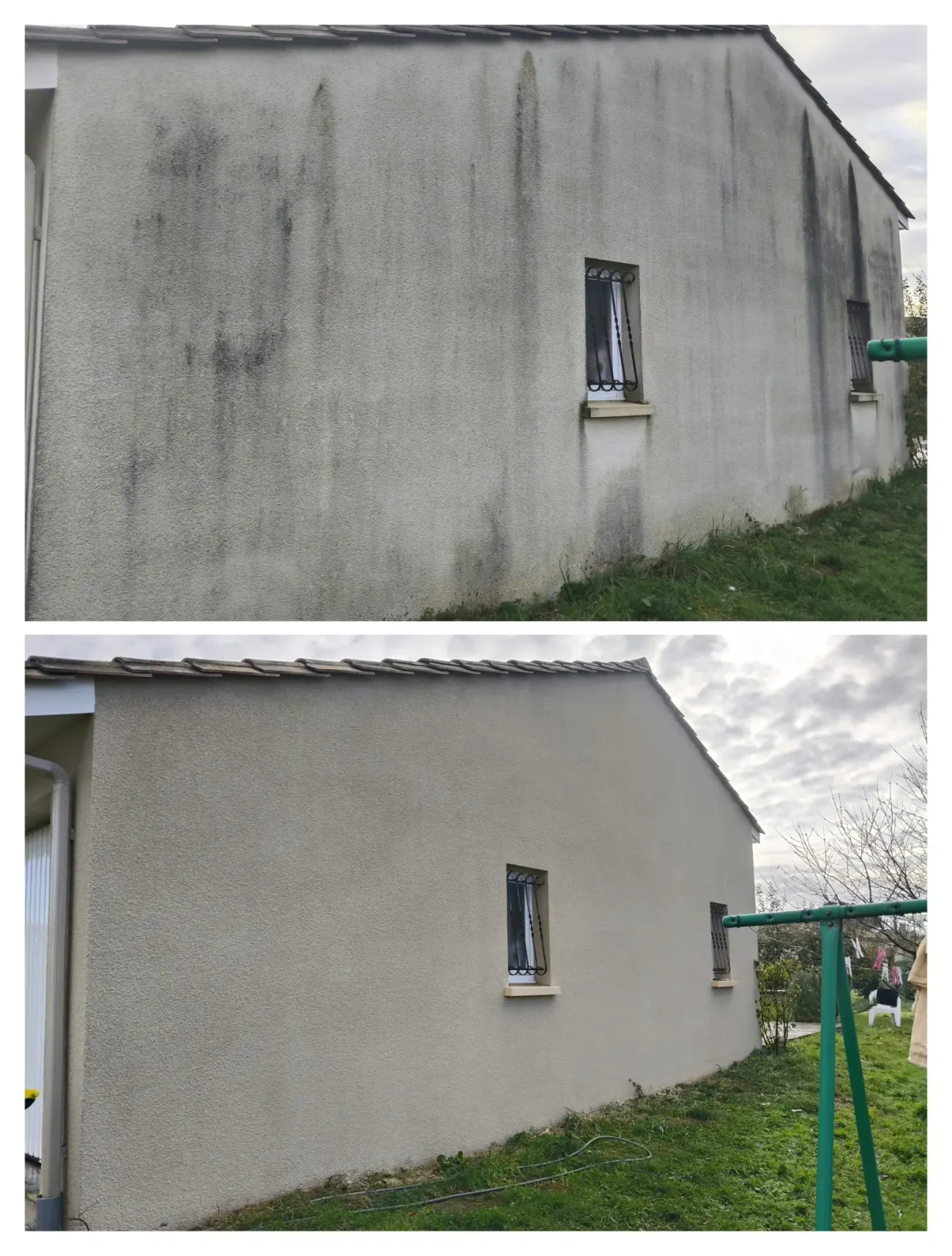 Façade avec traces noires avant / après nettoyage