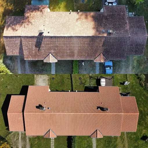 Pulvérisation anti-mousse drone sur toiture de maison avant / après
