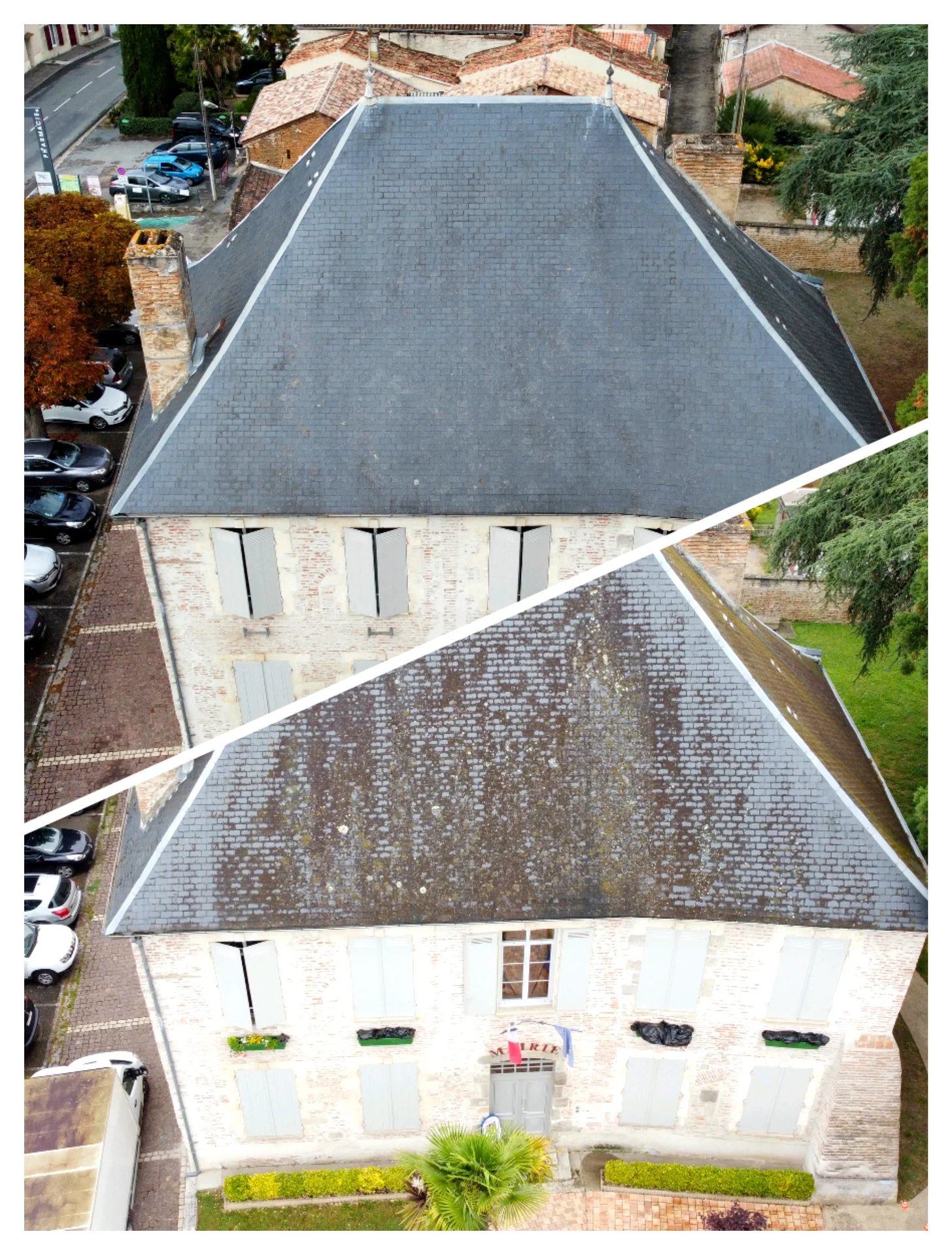 Toiture de mairie avant / après nettoyage, vue drone