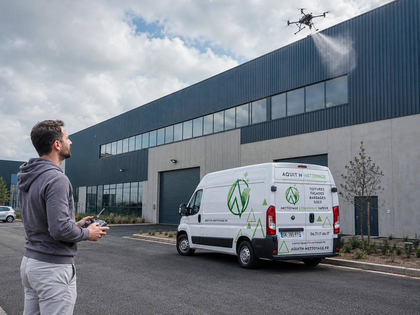 Nettoyage de bardage de bâtiment professionnel par drone en Nouvelle-Aquitaine