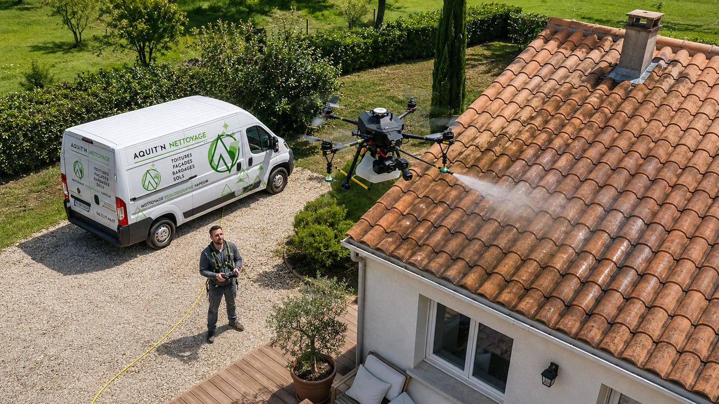 Artisan d'Aquit'n Nettoyage avec le fourgon devant une maison nettoyée
