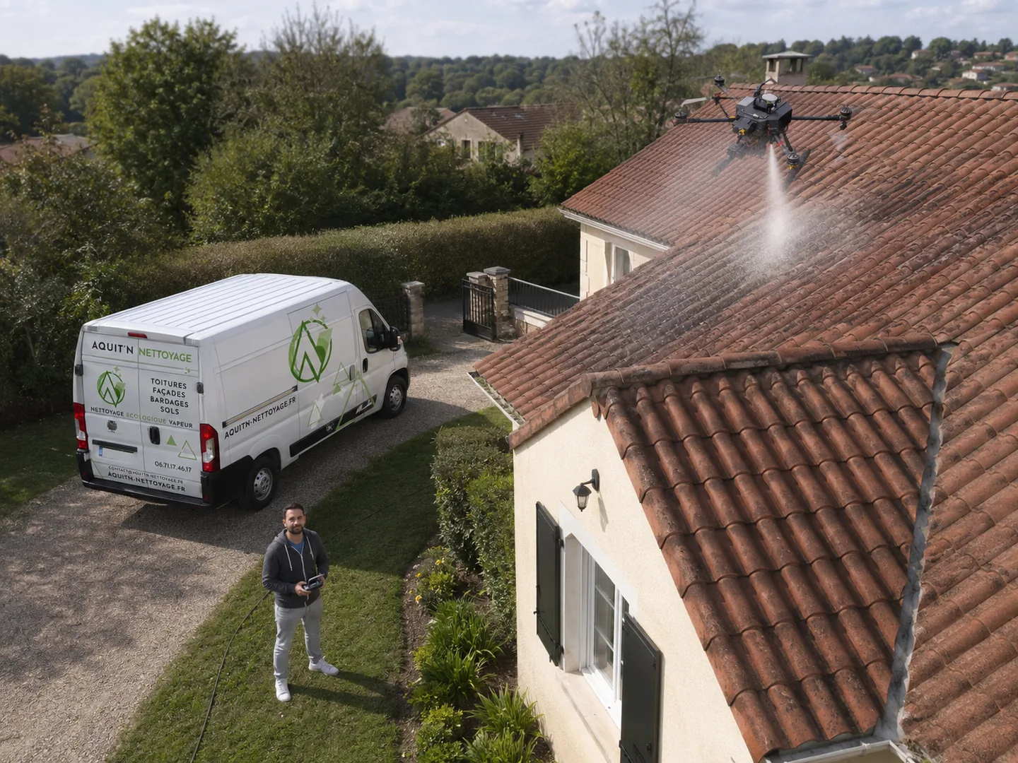 Nettoyage de toiture par drone chez un particulier, avec le fourgon Aquit'n Nettoyage