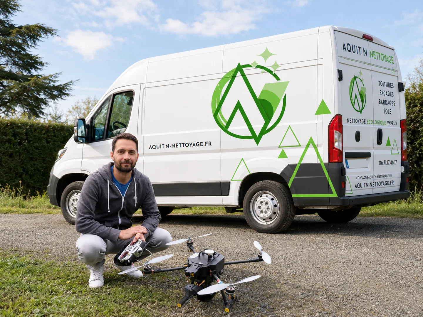 Kevin Serafin, fondateur d'Aquit'n Nettoyage, avec le fourgon et le drone de l'entreprise
