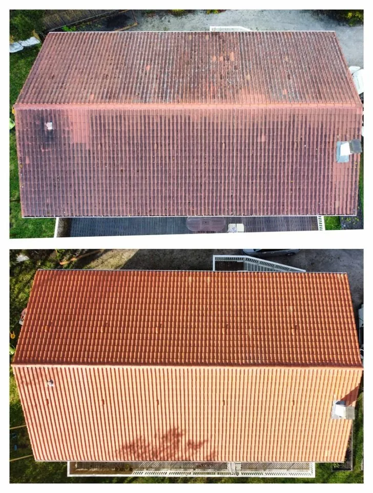 Toiture nettoyée par drone, vue avant / après